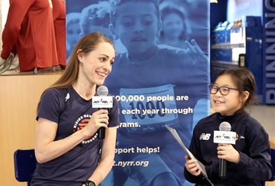 Jenny Simpson and Suri, a Rising New York Road Runners Youth Ambassador, at the NYRR RUNCENTER